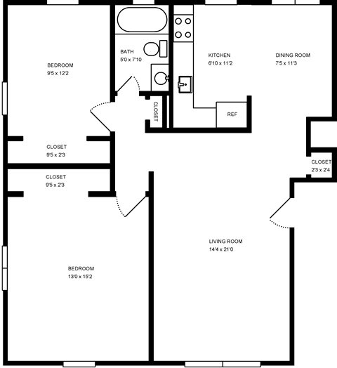 A floor plan of a house with a living room, dining room, kitchen, and four bedrooms.